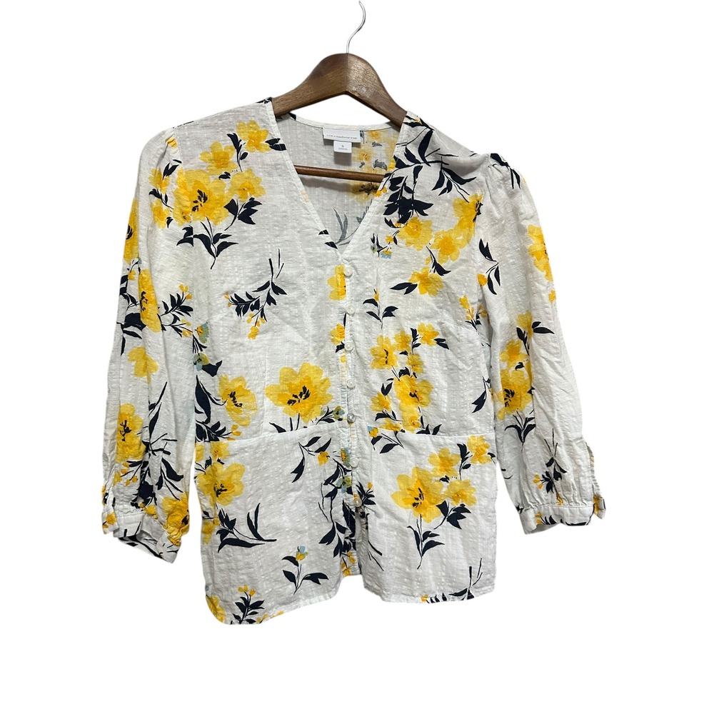 Liz Claiborne White Yellow Floral Print V-Neck Button-Up Casual Blouse Size S